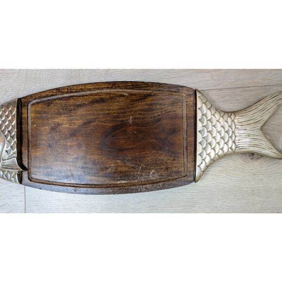 VTG Rosenthal Netter Serving Charcuterie Sushi Board Brass Teak Wood Fish Shaped - Picture 4 of 11